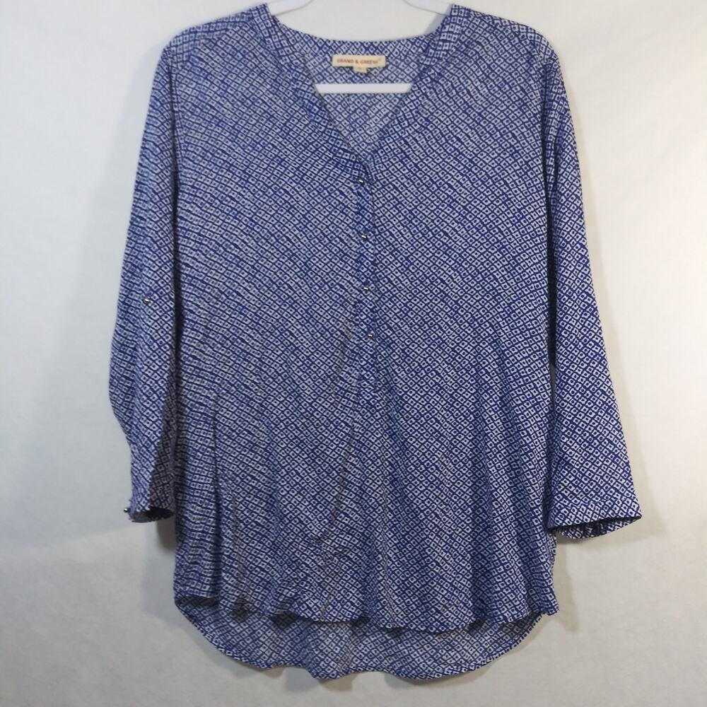 Grand & Greene Blue Geo Print Blouse Top Size Small